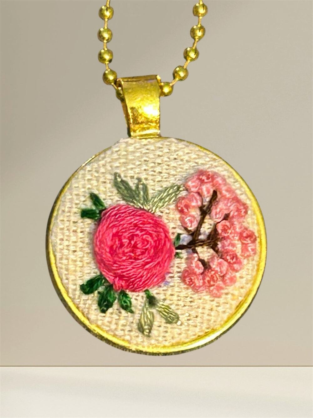 Handmade Embroidery Charm Necklace, Pink Rose Floral ~ 25mm Gold tone Bezel